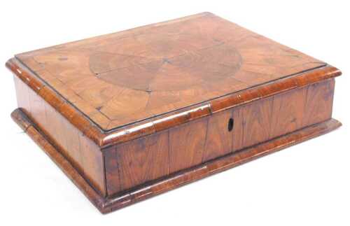 A late 19thC walnut oyster veneer box, with a two compartment interior, 30cm wide, 24cm deep.