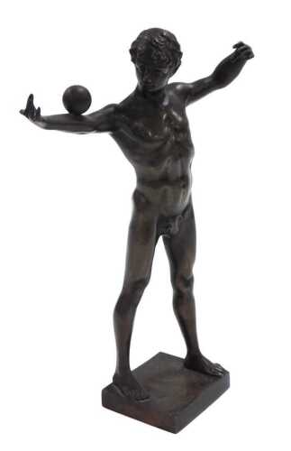 Victor Bugler (German early 20thC). Bronze figure of a naked man balancing a ball, signed, 19cm...