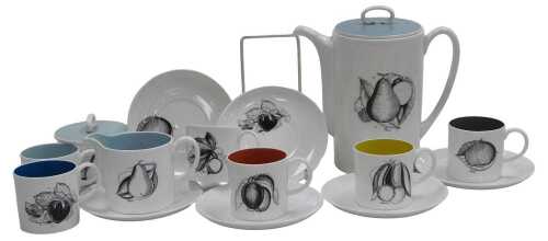 A Susie Cooper porcelain Black Fruit pattern part coffee service, comprising a coffee pot, cream...