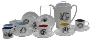 A Susie Cooper porcelain Black Fruit pattern part coffee service, comprising a coffee pot, cream...