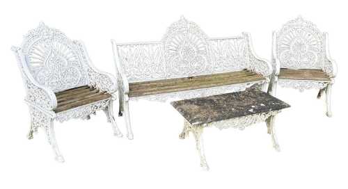 A Coalbrookdale style white painted cast iron and wooden Peacock four piece garden suite,...