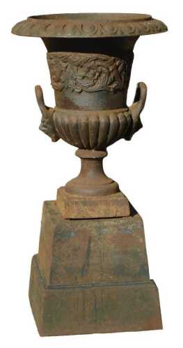 A cast metal campana style garden urn, with lappet border and twin handles, raised on a square...