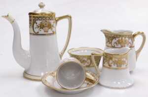 A Noritake porcelain part coffee service, gilt and yellow painted with baskets and sprigs of... - 2