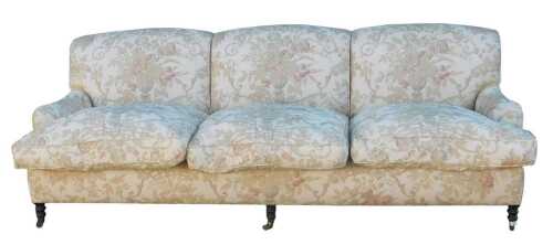A late 19th/early 20thC three seater sofa, later upholstered, with a decoration of urns bearing...