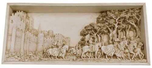 A Marcus Designs plaster wall picture The Cavalcade, decorated in high relief, within a green...