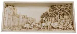 A Marcus Designs plaster wall picture The Cavalcade, decorated in high relief, within a green...