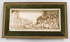 A Marcus Designs plaster wall picture The Cavalcade, decorated in high relief, within a green... - 2