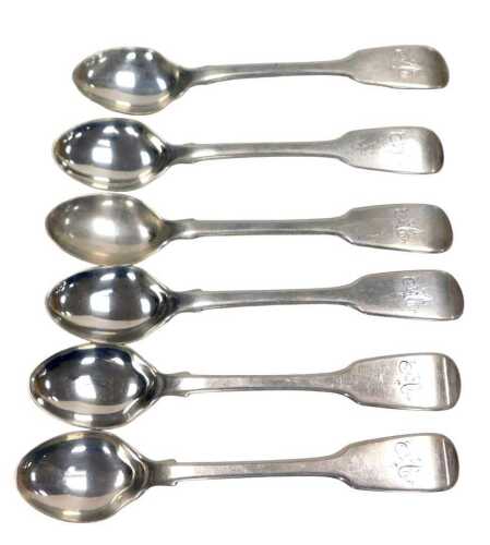 A set of six Victorian silver Fiddle pattern coffee spoons, initial engraved, London 1849, 3.75oz.