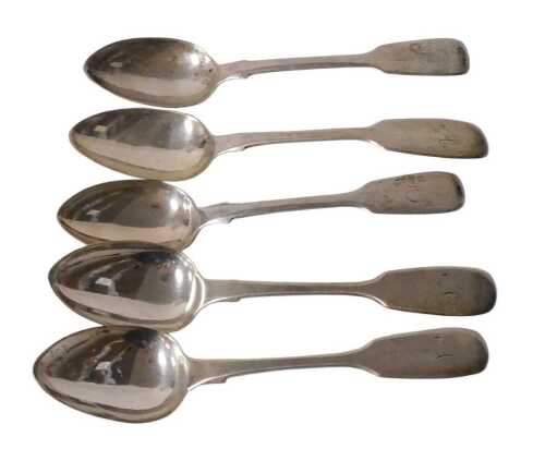 Three Victorian silver Fiddle pattern teaspoons, initial engraved, London 1844, and two further...
