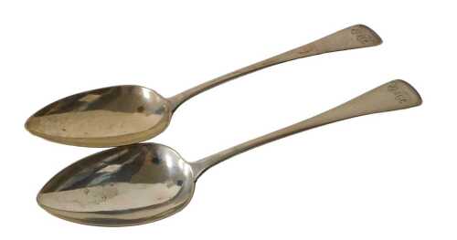 A pair of George III silver Old English pattern tablespoons, monogram engraved, London 1819,...