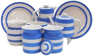 A group of T G Green and other blue and white banded Cornishwares, including a teapot, jars, one...