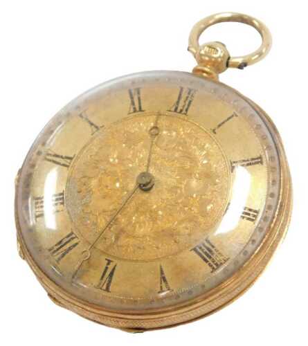 A Victorian pocket watch, open face, key wind, circular dial with engraved floral decoration,...