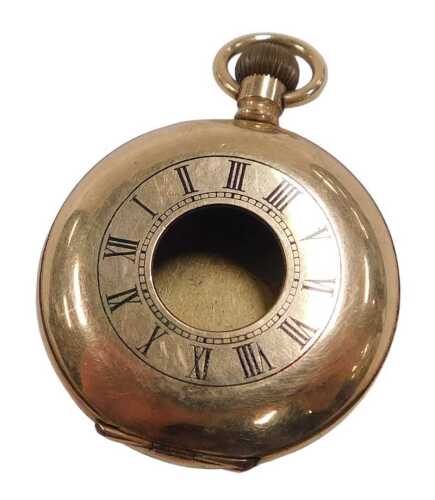 A gold plated lady's half Hunter pocket watch case, keyless wind, with a blue enamel chapter ring.