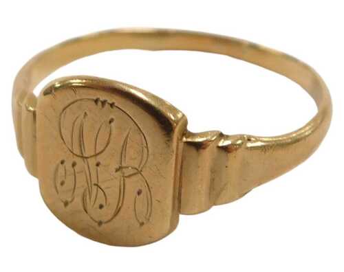 A lady's gold signet ring, monogram engraved, size R, hallmarks worn, 1.9g.