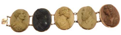 A Victorian Grand Tour lava cameo bracelet, of five links, bust portraits of famous Italians...