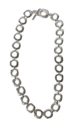 An opal square link necklace, with a T bar fitting, white metal, stamped 925, 3.54oz, 45cm long.