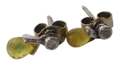 A pair of 9ct white gold citrine and diamond set drop earrings, 1.2g.