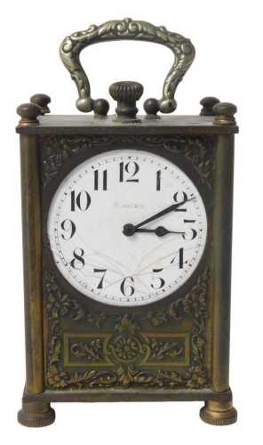 A late 19thC French brass cased table clock, circular enamel dial bearing Arabic numerals, eight...