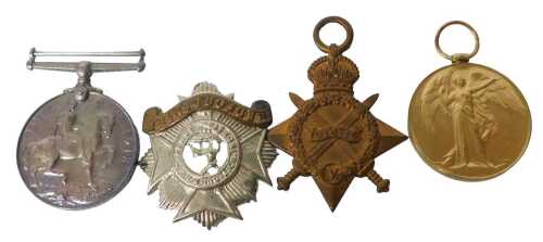 Three World War I medals, named to Private F Wright, Bedfordshire Regiment, 4-6928, comprising...