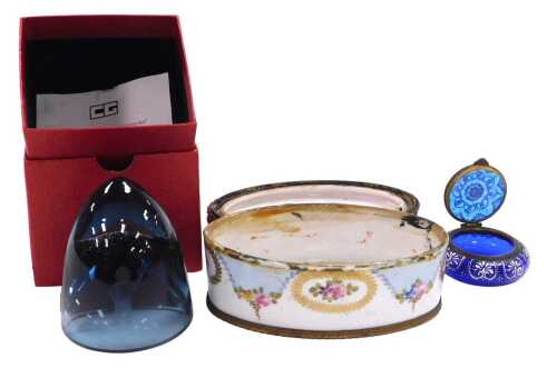 A late 19thC Sevres style porcelain oval box, and hinged cover, with brass mounts, painted with...
