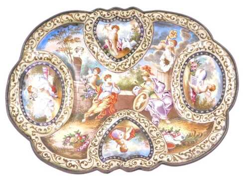 A late 19thC Viennese enamel dish, painted with Roman goddesses, cherubs and putti, verso a...