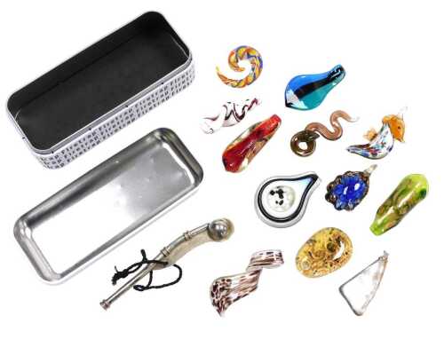 A group of Murano glass pendants, an abalone shell pendant, together with a Golden Galleon bosun'...