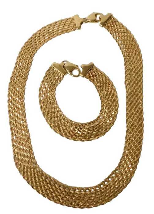 An 18ct gold mesh necklace and bracelet, each on a lobster claw clasp, 79.6g, necklace 46cm long,...