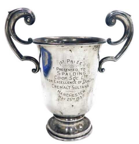An Edward VIII silver twin handled trophy, presentation engraved "First Prize Presented to...