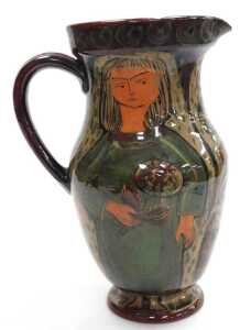 A late 19th/early 20thC pottery jug, possibly Scandinavian, painted with a man holding a goose... - 3