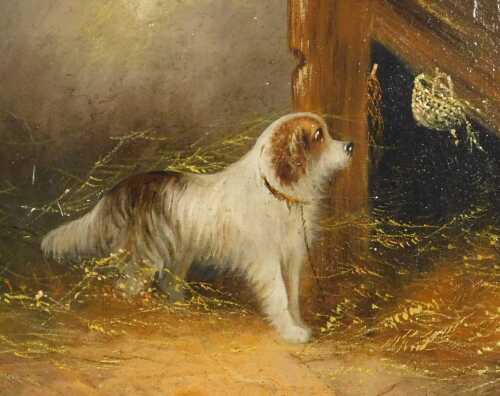 Manner of Edward Armfield. A Tethered Terrier, oil on canvas, 22.5cm x 27.5cm.