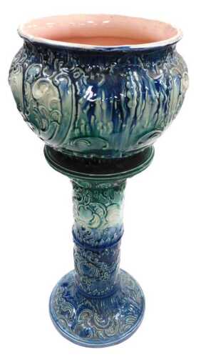 A late 19thC Lockwood pottery jardiniere on stand, of moulded rococo form, with C scrolls, and...