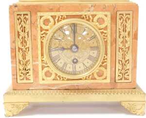 A late 19thC German marble and ormolu mantel clock, circular brass dial bearing Roman numerals,... - 3