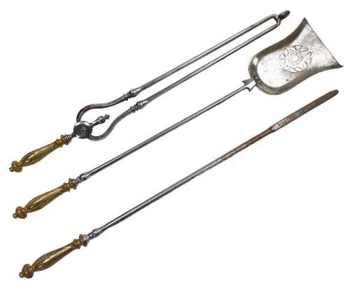 Three Victorian steel fire implements, with brass handles, comprising shovel, poker, and fire...