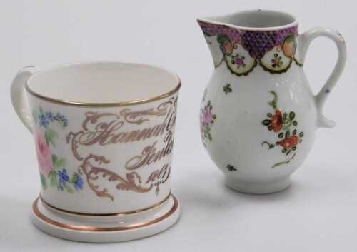 A late 18thC Lowestoft porcelain sparrow beak jug, painted with flowers, 9cm high, together with...
