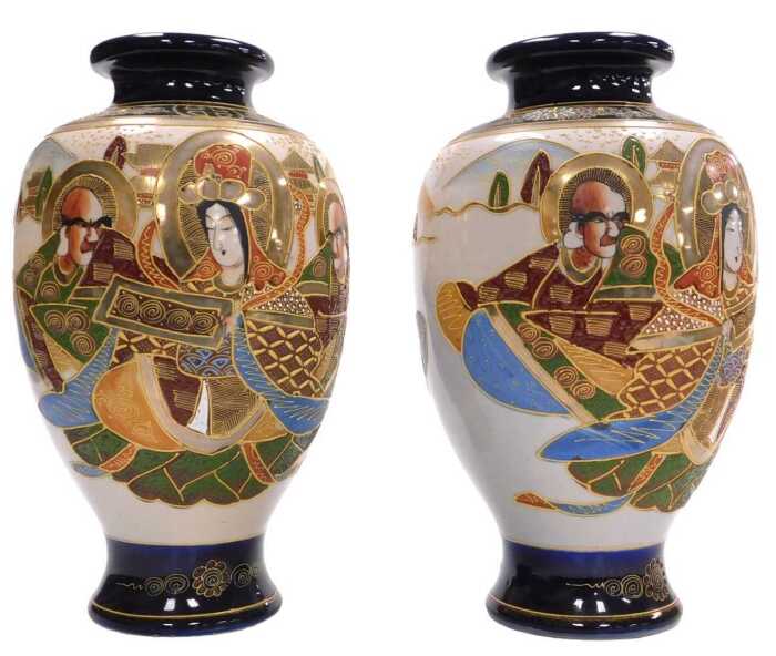 A pair of early 20thC Japanese Satsuma export ware vases, of baluster form, decorated with...