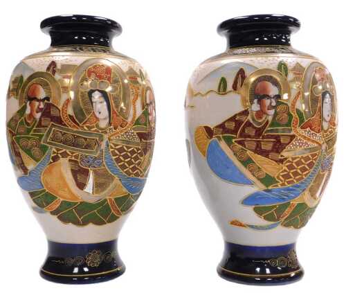 A pair of early 20thC Japanese Satsuma export ware vases, of baluster form, decorated with...
