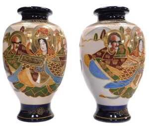 A pair of early 20thC Japanese Satsuma export ware vases, of baluster form, decorated with...