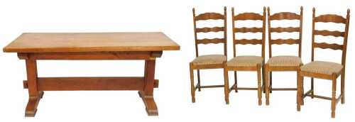 An oak refectory dining table, with a three plank top, raised on square supports united by a...