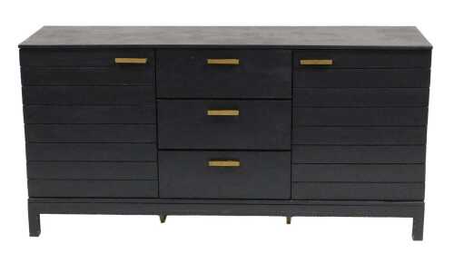 A blue and grey painted sideboard, with three central frieze drawers, flanked by pair of...