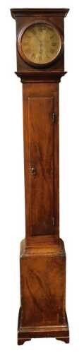 An 18thC pine longcase clock, the brass dial bearing Roman and Arabic numerals, lead weight...