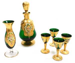 A set of six Murano ruby glass brandy balloons, overlaid with enamelled flowers and gilding,... - 2