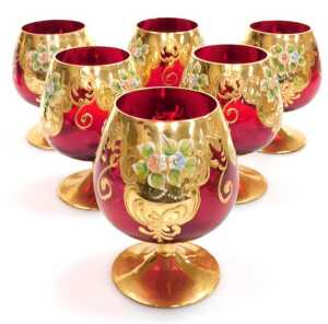A set of six Murano ruby glass brandy balloons, overlaid with enamelled flowers and gilding,... - 3