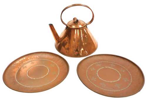 A late 19thC copper kettle, together with a pair of copper dishes, with floral stipple engraved...