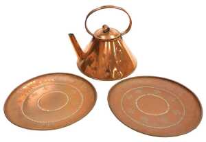 A late 19thC copper kettle, together with a pair of copper dishes, with floral stipple engraved...