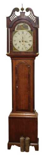 A Georgian oak and mahogany longcase clock, by R Witts of Epworth, the break arch dial painted...