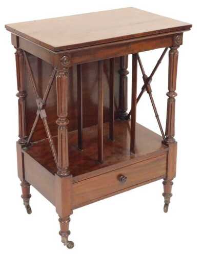 A Victorian mahogany Canterbury, of three division form, with open X frame sides, on channelled...