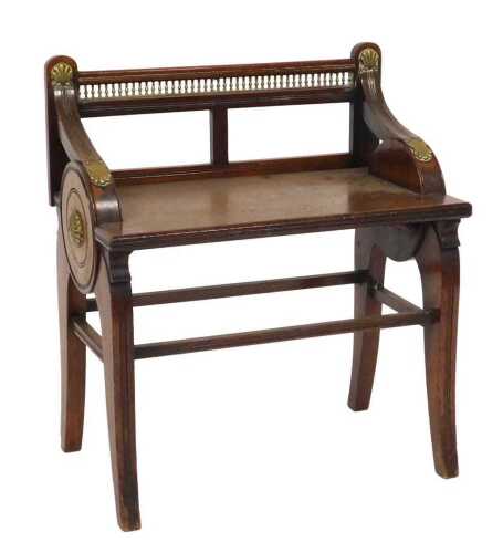 A Victorian oak and brass hall bench, by James Shoolbred & Company, with a galleried back and...