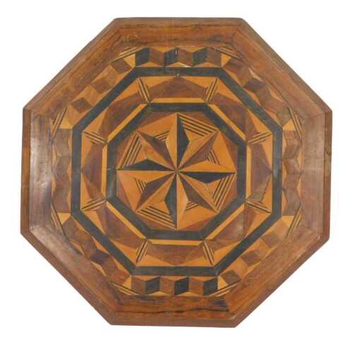 A Victorian rosewood and marquetry inlaid octagonal table top, 80cm wide.