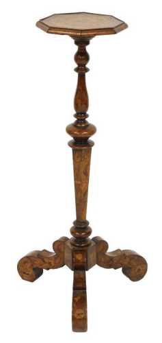 A late 17thC walnut and marquetry inlaid torchere stand, the octagonal top inlaid with flowers,...