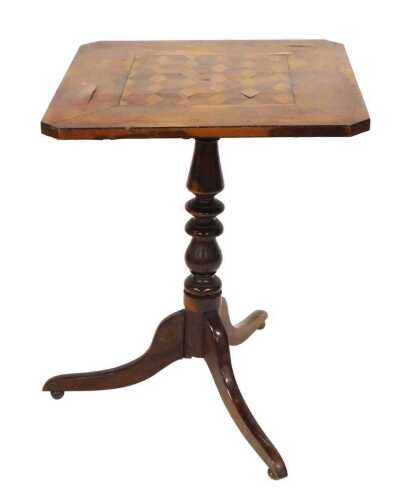 An early 19thC Georgian mahogany and yew wood tilt top occasional table, the canted square top...
